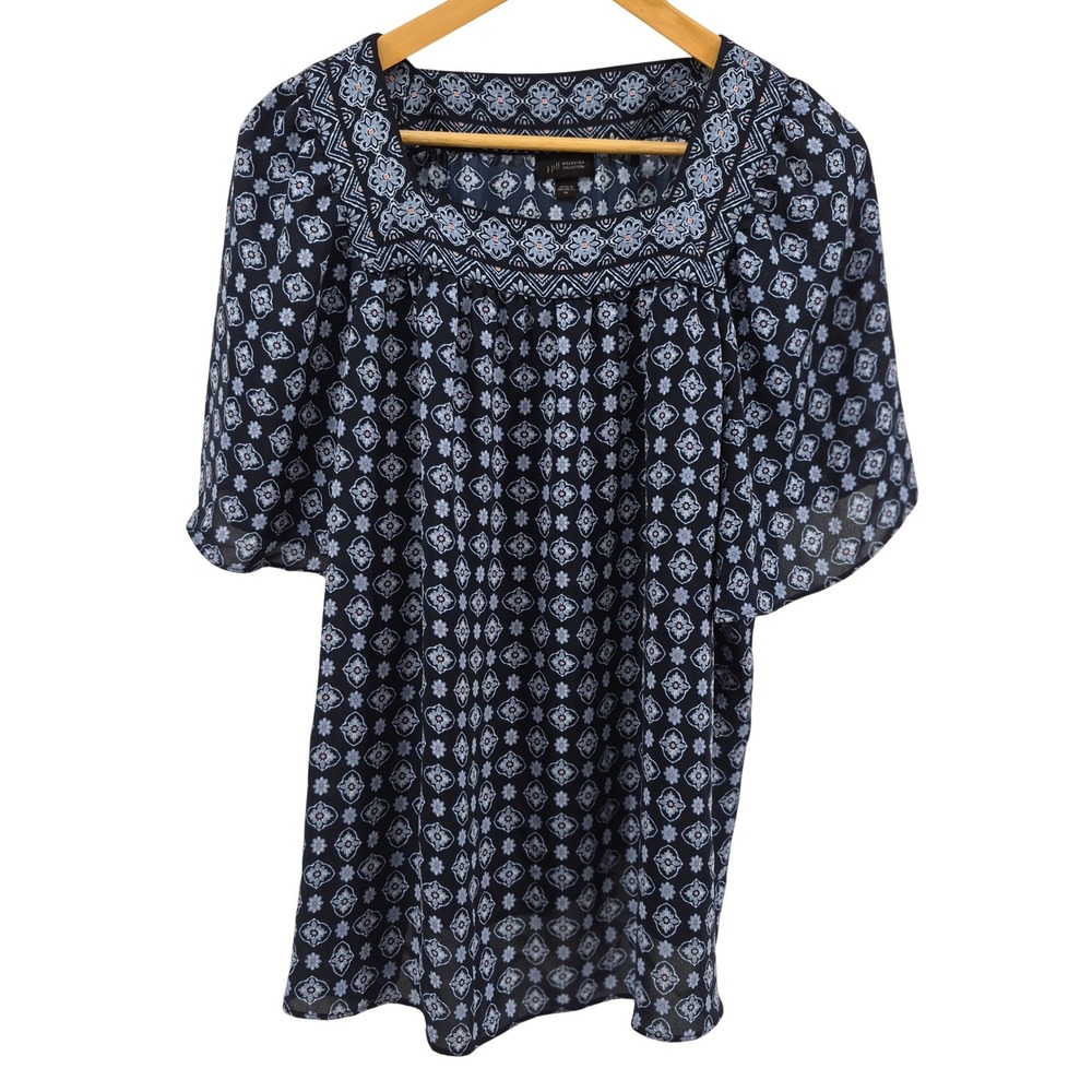 J. Jill Wearever Navy Blue Medallion Square Neck Blouse XL Travel Minimalist - Picture 2 of 11